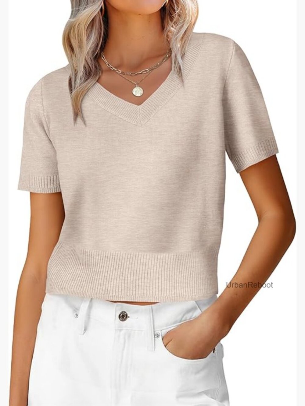 Short Sleeve V-Neck Cropped Sweater Pullover Lightweight Summer Tops